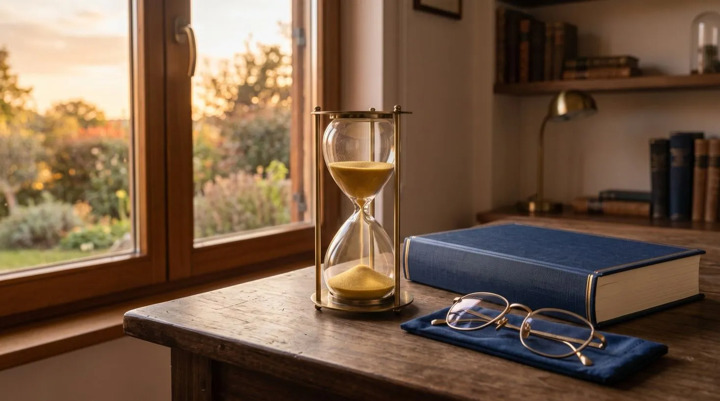 Reloj y temario de estudio sobre una mesa