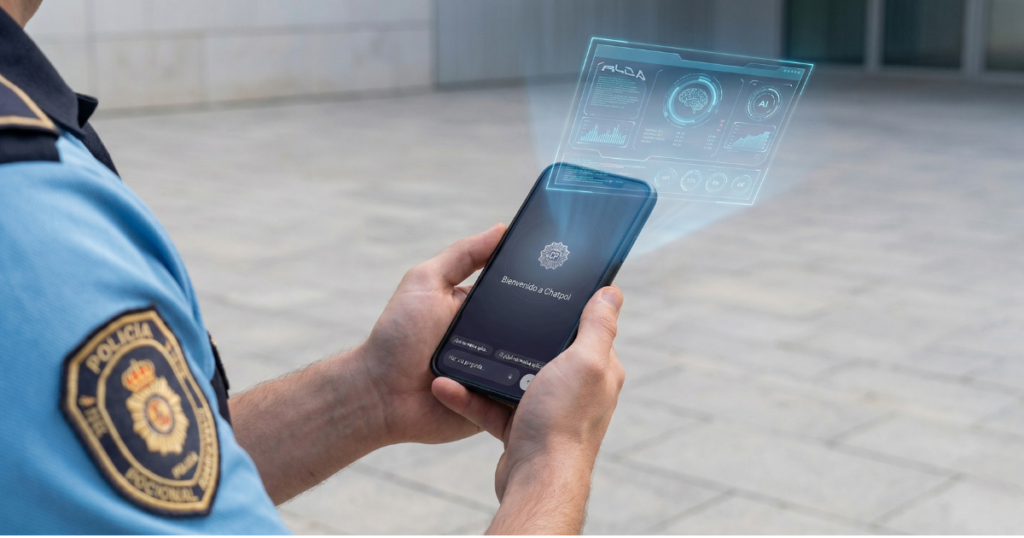 Agente de Policía Local usando la app ChatPol de inteligencia artificial en su smartphone durante el servicio