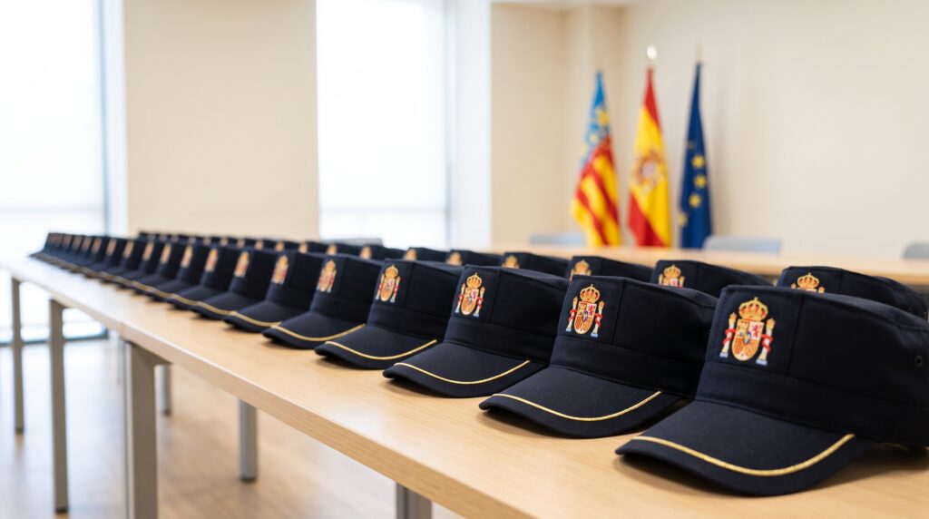 Hilera de gorras de policía sobre una mesa institucional con la senyera al fondo