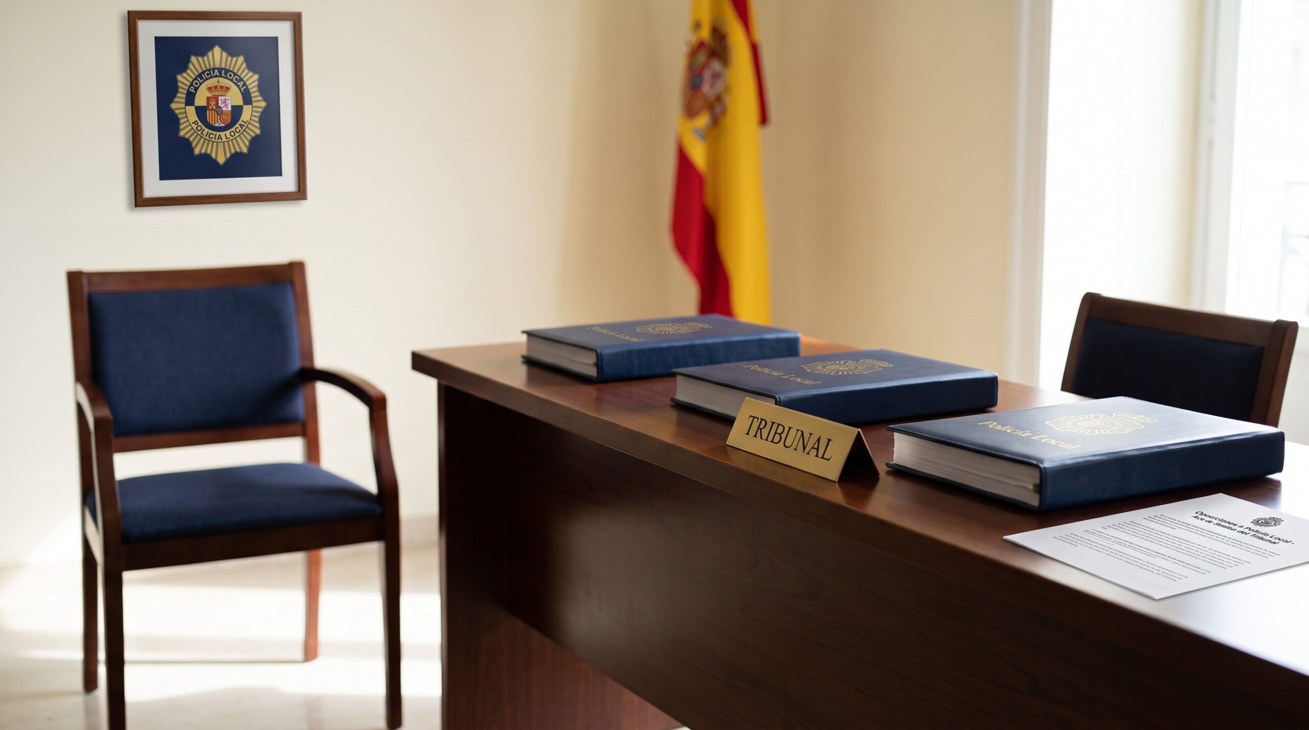Mesa de tribunal de oposición con silla vacía frente a ella